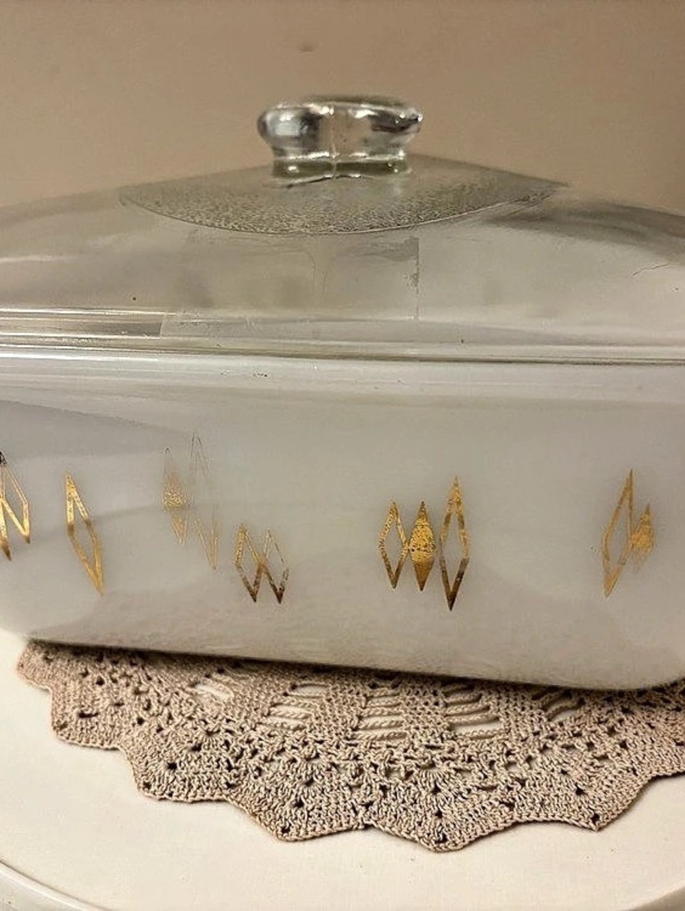 Inland Glassworks Geometric Covered Casserole Dish White & Gold c1950/6065